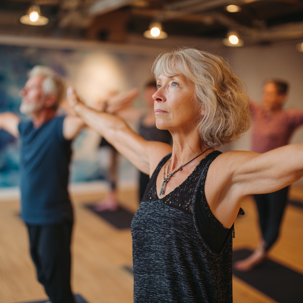experienced yoga instructor guiding mature students in peaceful studio environment