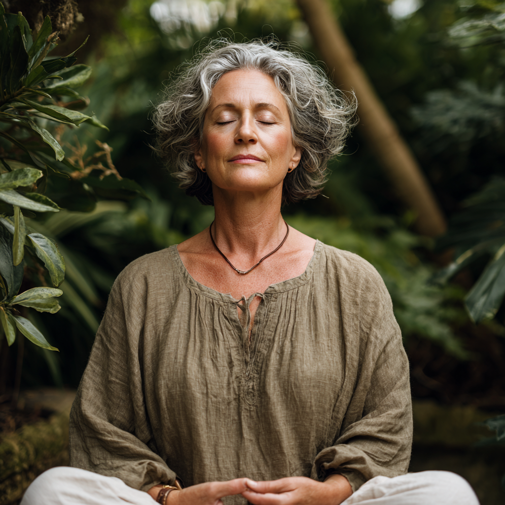 peaceful middle-aged woman practicing meditation in natural setting